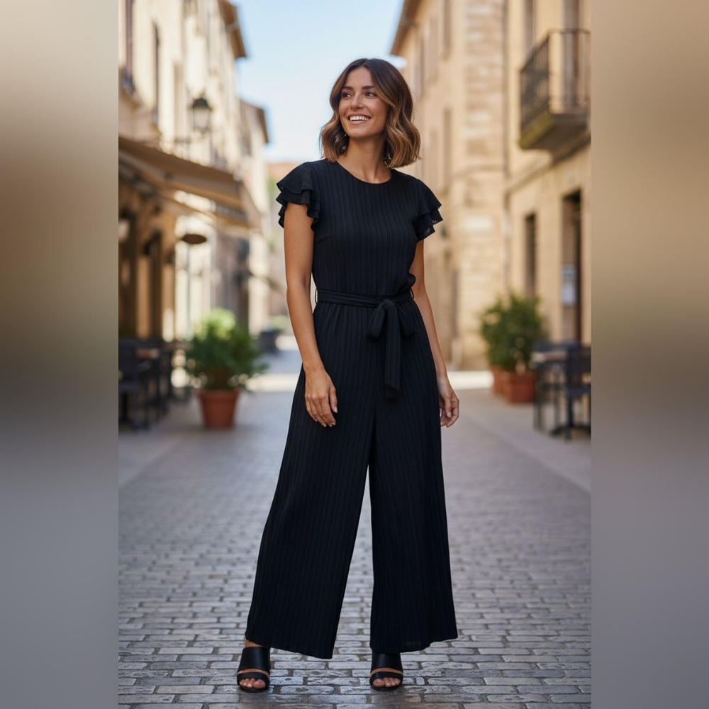 Calvin Klein Black Ribbed Wide-Leg Jumpsuit with Tie Waist